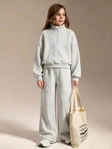 SHEIN Girls' Half-Zip Loose Sweatshirt Casual Sweatpants Set, Cute Daily Versatile, Y2K Streetwear Style, Light Grey School Sport Fall - Light Grey - View 4