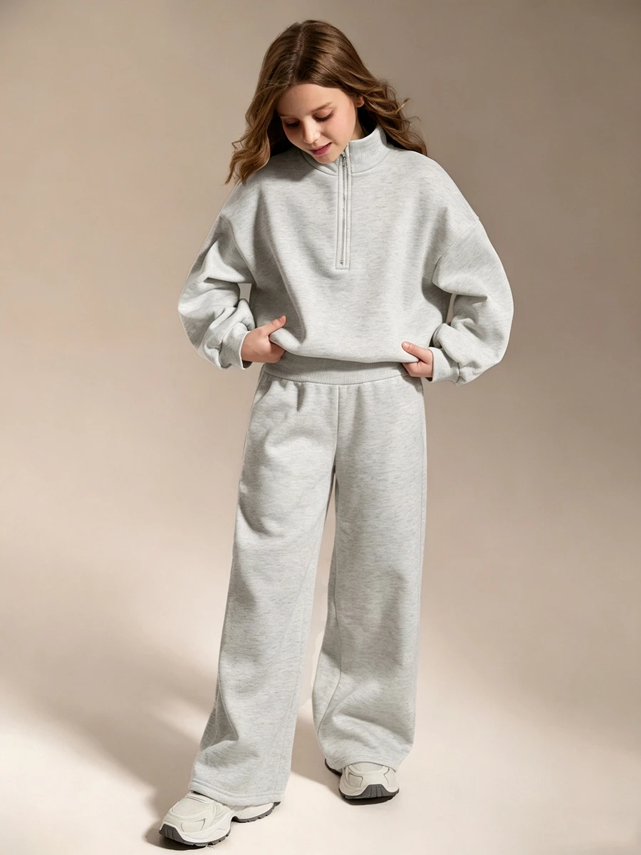 SHEIN Girls' Half-Zip Loose Sweatshirt Casual Sweatpants Set, Cute Daily Versatile, Y2K Streetwear Style, Light Grey School Sport Fall - Light Grey - View 1