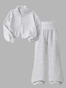 SHEIN Girls' Half-Zip Loose Sweatshirt Casual Sweatpants Set, Cute Daily Versatile, Y2K Streetwear Style, Light Grey School Sport Fall - Light Grey - View 3
