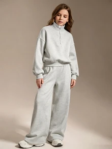 SHEIN Girls' Half-Zip Loose Sweatshirt Casual Sweatpants Set, Cute Daily Versatile, Y2K Streetwear Style, Light Grey School Sport Fall - Light Grey - View 5