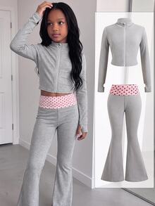 SHEIN Tween Girls Tween Girl Autumn/Winter Grey & Pink Polka Dot Color Block Waistband T-Shirt 2 Pieces Set, Casual Daily Wear Kids - Grey - View 7