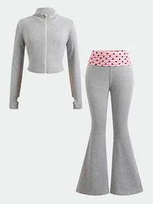 SHEIN Tween Girls Tween Girl Autumn/Winter Grey & Pink Polka Dot Color Block Waistband T-Shirt 2 Pieces Set, Casual Daily Wear Kids - Grey - View 2