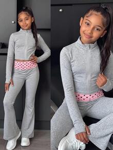 SHEIN Tween Girls Tween Girl Autumn/Winter Grey & Pink Polka Dot Color Block Waistband T-Shirt 2 Pieces Set, Casual Daily Wear Kids - Grey - View 1