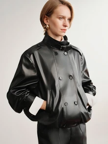 Briarwyn Women's Solid Color PU Leather Fashion Versatile Long Sleeve Jacket - Black - View 4
