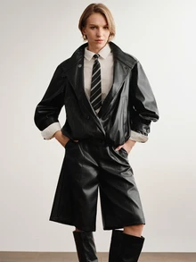 Briarwyn Women's Solid Color PU Leather Fashion Versatile Long Sleeve Jacket - Black - View 5