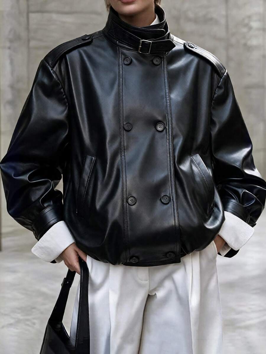 Briarwyn Women's Solid Color PU Leather Fashion Versatile Long Sleeve Jacket - Black - View 1