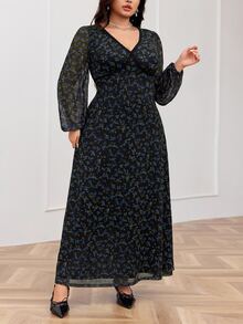 Modelyn Plus Size Lace Patchwork Floral Print V-Neck Long Sleeve Dress Autumn Date Night Going Out Evening Formal Vacation Wedding Black Elegant Fall - Blue - View 7