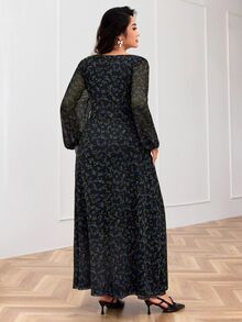 Modelyn Plus Size Lace Patchwork Floral Print V-Neck Long Sleeve Dress Autumn Date Night Going Out Evening Formal Vacation Wedding Black Elegant Fall - Blue - View 2