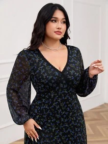 Modelyn Plus Size Lace Patchwork Floral Print V-Neck Long Sleeve Dress Autumn Date Night Going Out Evening Formal Vacation Wedding Black Elegant Fall - Blue - View 1
