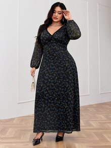 Modelyn Plus Size Lace Patchwork Floral Print V-Neck Long Sleeve Dress Autumn Date Night Going Out Evening Formal Vacation Wedding Black Elegant Fall - Blue - View 6