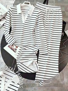 Resyla Women's Autumn/Winter New Hot-Selling Striped Print Pattern Casual Versatile 2 Pieces Set - Multicolor - View 1