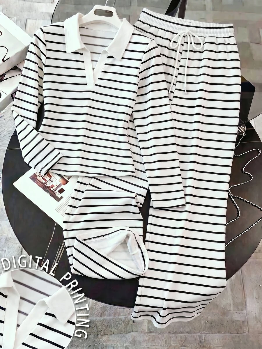 Resyla Women's Autumn/Winter New Hot-Selling Striped Print Pattern Casual Versatile 2 Pieces Set - Multicolor - View 1