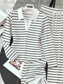 Resyla Women's Autumn/Winter New Hot-Selling Striped Print Pattern Casual Versatile 2 Pieces Set - Multicolor - View 3