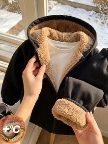 SHEIN 小男孩裝飾拼接連帽長袖外套與彈性腰長褲 2件套 - 黑色 - 查看 7
