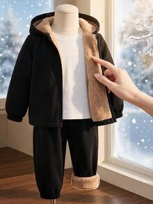 SHEIN 小男孩裝飾拼接連帽長袖外套與彈性腰長褲 2件套 - 黑色 - 查看 6