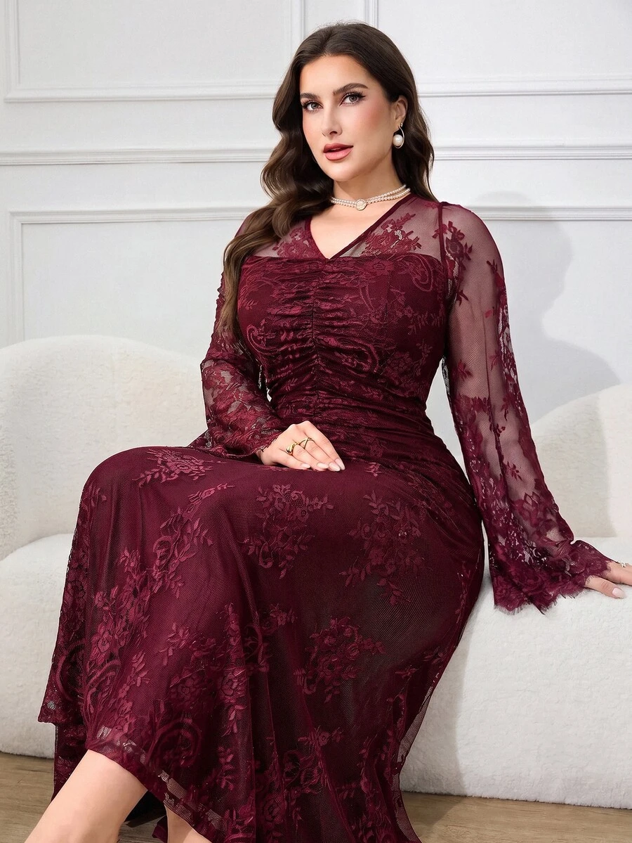 Modelyn 大尺碼女款 V 領荷葉邊蕾絲長袖優雅浪漫洋裝 秋季聖誕婚禮正式晚宴酒紅色 - 酒紅色 - 查看 1