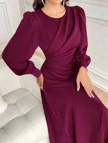 Modelyn 酒紅色女款純色圓領燈籠袖百褶優雅中長洋裝，秋季長款晚禮服，端莊黑色中長裙 - 玫紅色 - 查看 6