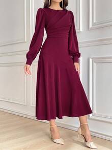 Modelyn 酒紅色女款純色圓領燈籠袖百褶優雅中長洋裝，秋季長款晚禮服，端莊黑色中長裙 - 玫紅色 - 查看 5