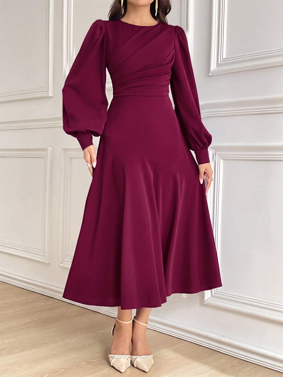 Modelyn 酒紅色女款純色圓領燈籠袖百褶優雅中長洋裝,秋季長款晚禮服,端莊黑色中長裙 - 玫紅色 - 查看 1