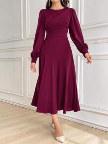Modelyn 酒紅色女款純色圓領燈籠袖百褶優雅中長洋裝，秋季長款晚禮服，端莊黑色中長裙 - 玫紅色 - 查看 4