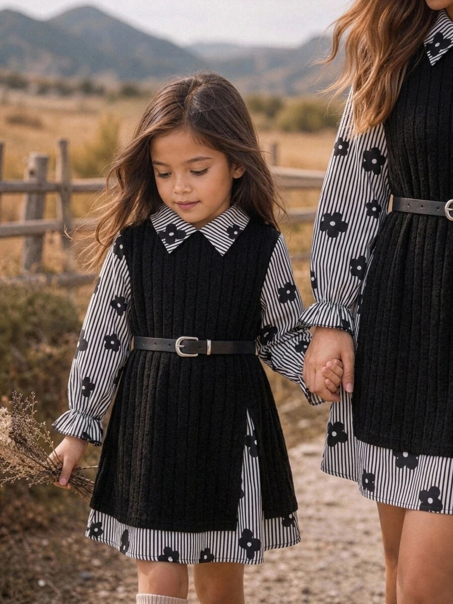 Young Girl Patchwork Floral Kids & Striped 2 In 1 Long Sleeve Dress - Multicolor - View 1