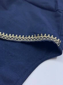 Omancia 女款夏季純棉V領短袖襯衫，刺繡拼接休閒上衣，寬鬆顯瘦度假風上衣 - 藏蓝色 - 查看 8