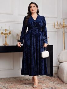 Modelyn Plus Size Women Floral Jacquard V-Neck Puff Sleeve Elegant Dress Long Evening Dresses Fall - Navy Blue - View 5