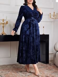Modelyn Plus Size Women Floral Jacquard V-Neck Puff Sleeve Elegant Dress Long Evening Dresses Fall - Navy Blue - View 8