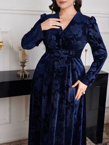 Modelyn Plus Size Women Floral Jacquard V-Neck Puff Sleeve Elegant Dress Long Evening Dresses Fall - Navy Blue - View 6