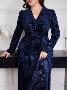 Modelyn Plus Size Women Floral Jacquard V-Neck Puff Sleeve Elegant Dress Long Evening Dresses Fall - Navy Blue - View 10