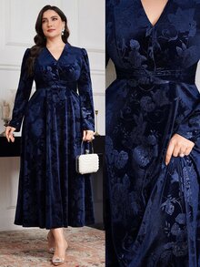 Modelyn Plus Size Women Floral Jacquard V-Neck Puff Sleeve Elegant Dress Long Evening Dresses Fall - Navy Blue - View 7