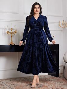 Modelyn Plus Size Women Floral Jacquard V-Neck Puff Sleeve Elegant Dress Long Evening Dresses Fall - Navy Blue - View 4