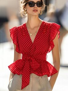SHEIN 夏季優雅波點V領繫帶荷葉邊下擺女款襯衫 - 紅色 - 查看 2