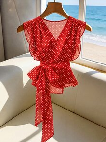 SHEIN 夏季優雅波點V領繫帶荷葉邊下擺女款襯衫 - 紅色 - 查看 6
