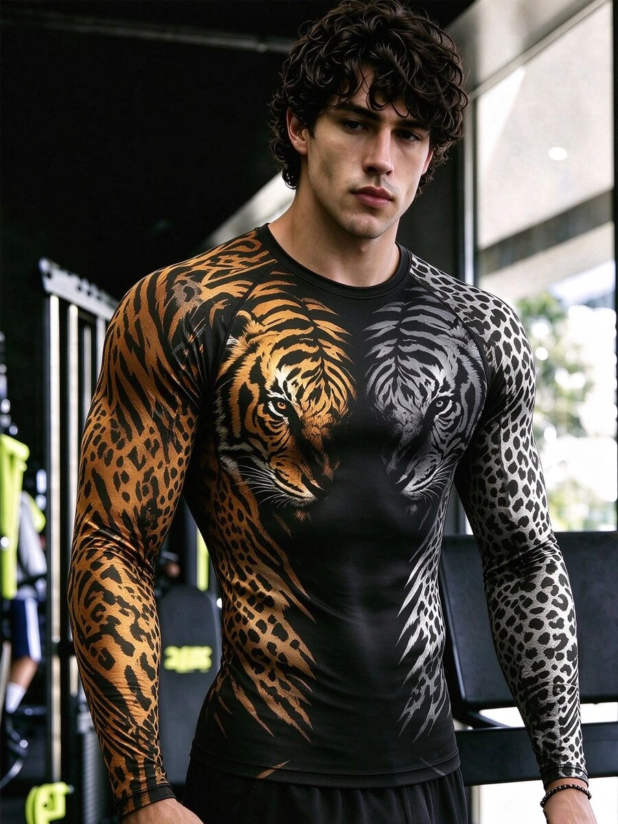 GymBeat Men's Tiger Print Hip Hop Sports T-Shirt - Black - View 1
