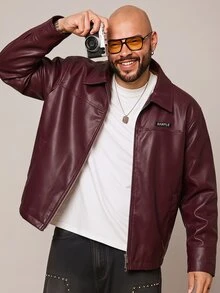 EASEVO Men's Plus Size Loose Black Leather Long Sleeve Jacket Halloween Christmas Winter Party Autumn  - Red - View 1