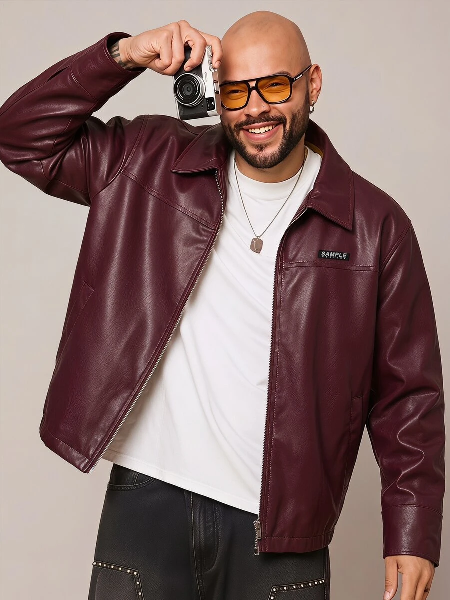 EASEVO Men's Plus Size Loose Black Leather Long Sleeve Jacket Halloween Christmas Winter Party Autumn - Red - View 1