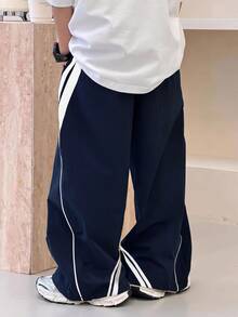SHEIN Little Byeori 兒童青少年男孩休閒運動長褲，拼色拼接設計，雙腰帶，適合春夏秋冬，情人節、約會、夏季穿搭、家庭聚會、返校季、婚禮季、運動、生日派對 - 藏蓝色 - 查看 4