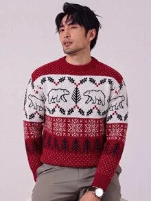 Manfinity Homme 聖誕男士長袖套頭毛衣，休閒提花針織秋冬款，保暖家庭氛圍親子情侶穿搭，老錢風 - 紅色 - 查看 7