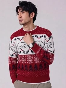 Manfinity Homme 聖誕男士長袖套頭毛衣，休閒提花針織秋冬款，保暖家庭氛圍親子情侶穿搭，老錢風 - 紅色 - 查看 8