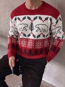 Manfinity Homme 聖誕男士長袖套頭毛衣，休閒提花針織秋冬款，保暖家庭氛圍親子情侶穿搭，老錢風 - 紅色 - 查看 5