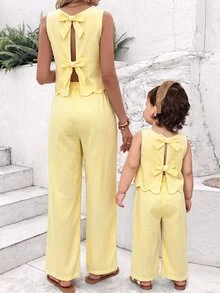 SHEIN 女婴条纹印花贝壳边吊带背心和裤子套装 - 彩色 - 查看 3