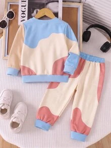 Boys 2Pcs Sweatshirt Set, Digital Print Crew Neck Long Sleeve Top & Sweatpants, Deep Blue Apricot Brown Color Block, Autumn Winter Casual Outfit - Multicolor - View 3