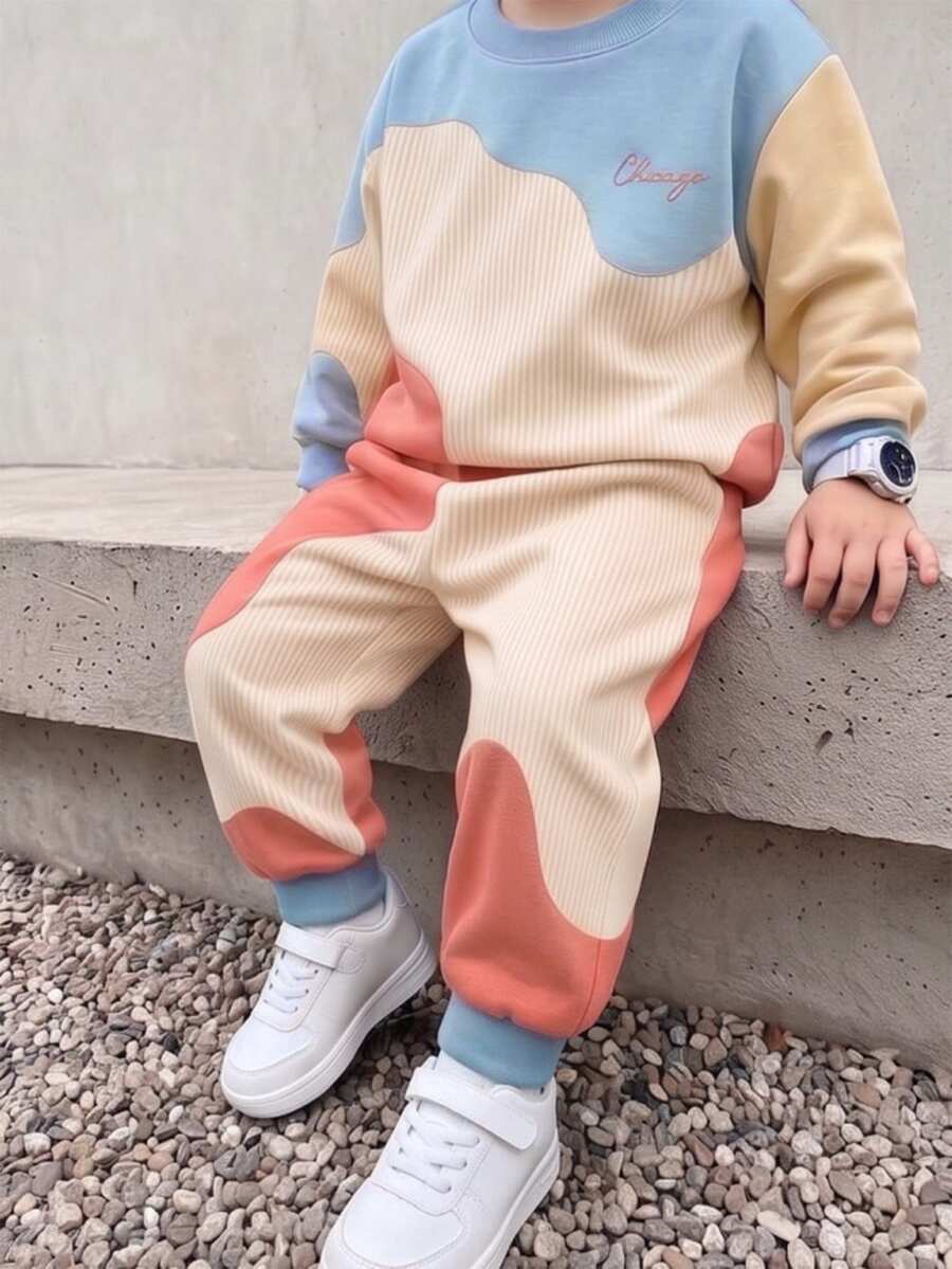 Boys 2Pcs Sweatshirt Set, Digital Print Crew Neck Long Sleeve Top & Sweatpants, Deep Blue Apricot Brown Color Block, Autumn Winter Casual Outfit - Multicolor - View 1