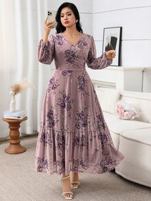 Modelyn 大尺碼花卉印花V領長袖洋裝 秋季晚宴約會正式休閒 天空浪漫茶會婚禮賓客度假 淡藍色 - 彩色 - 查看 6