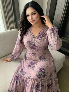 Modelyn 大尺碼花卉印花V領長袖洋裝 秋季晚宴約會正式休閒 天空浪漫茶會婚禮賓客度假 淡藍色 - 彩色 - 查看 1