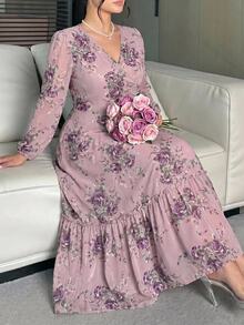 Modelyn 大尺碼花卉印花V領長袖洋裝 秋季晚宴約會正式休閒 天空浪漫茶會婚禮賓客度假 淡藍色 - 彩色 - 查看 3