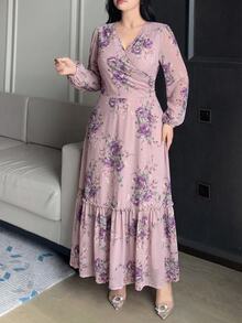 Modelyn 大尺碼花卉印花V領長袖洋裝 秋季晚宴約會正式休閒 天空浪漫茶會婚禮賓客度假 淡藍色 - 彩色 - 查看 7