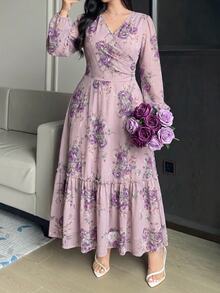 Modelyn 大尺碼花卉印花V領長袖洋裝 秋季晚宴約會正式休閒 天空浪漫茶會婚禮賓客度假 淡藍色 - 彩色 - 查看 5