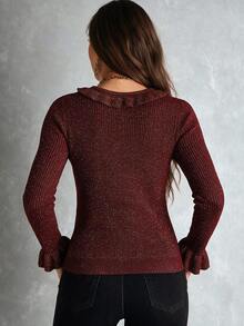 SHEIN Áo len nữ dệt kim cổ chữ V lấp lánh, viền bèo, cúc ngọc trai, tay dài loe, dáng ôm slim fit - Màu Đỏ Sâu - Xem 2